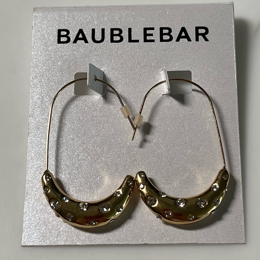 NWT Baublebar Gold Rhinestoned Half Hoop Earrings - Picture 2 of 3